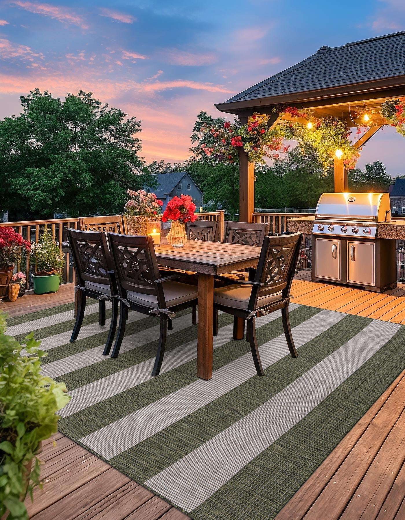 Green 6' 1 x 6' 1 Outdoor Striped Square Area Rug Weather Resistant for Patio, Deck, Terrace, Balcony, Porch Geometric Pattern Waterproof Carpet for Sale at Rug Engine