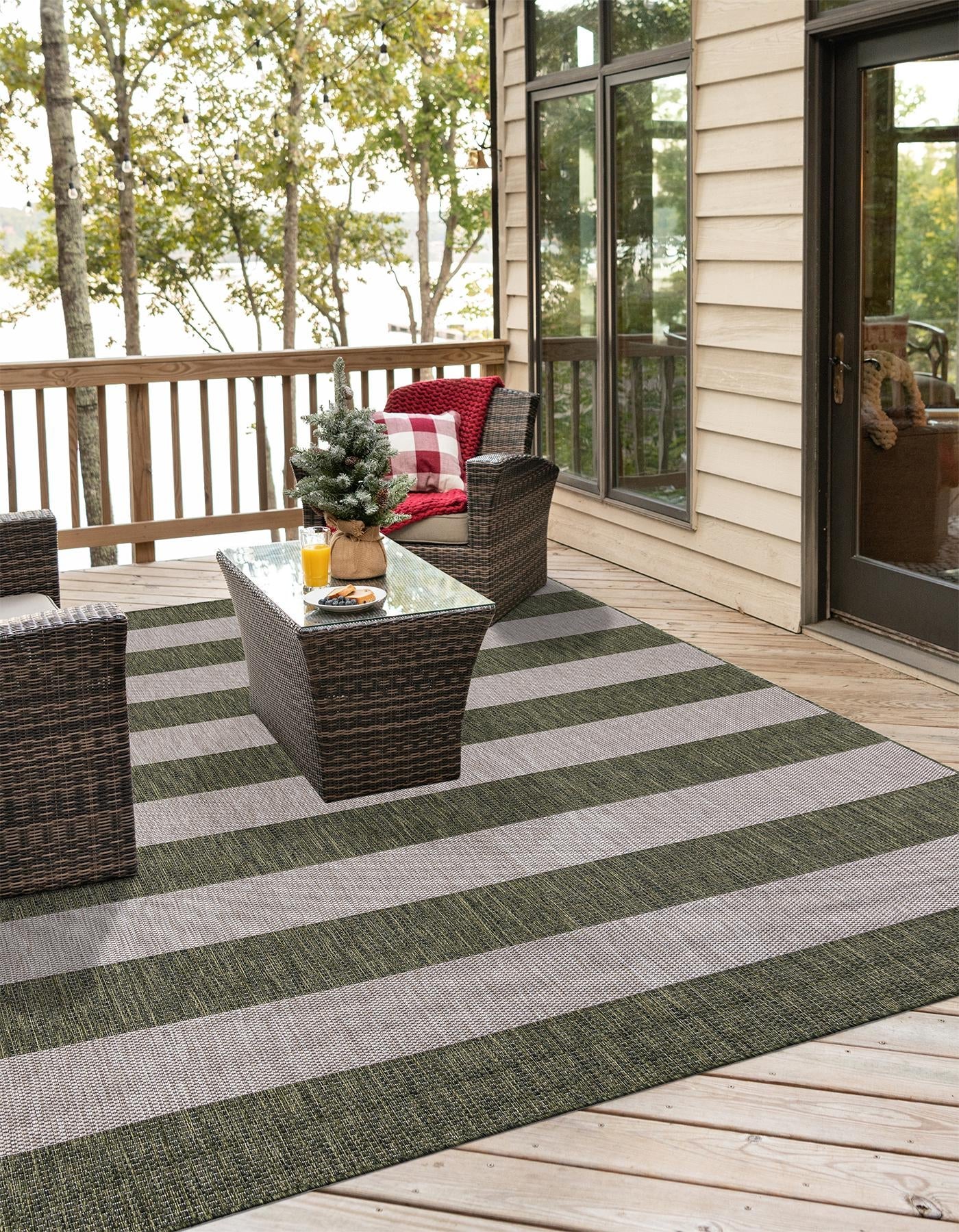 Green 10' x 10' Outdoor Striped Square Area Rug Weather Resistant for Patio, Deck, Terrace, Balcony, Porch Geometric Pattern Waterproof Carpet for Sale at Rug Engine
