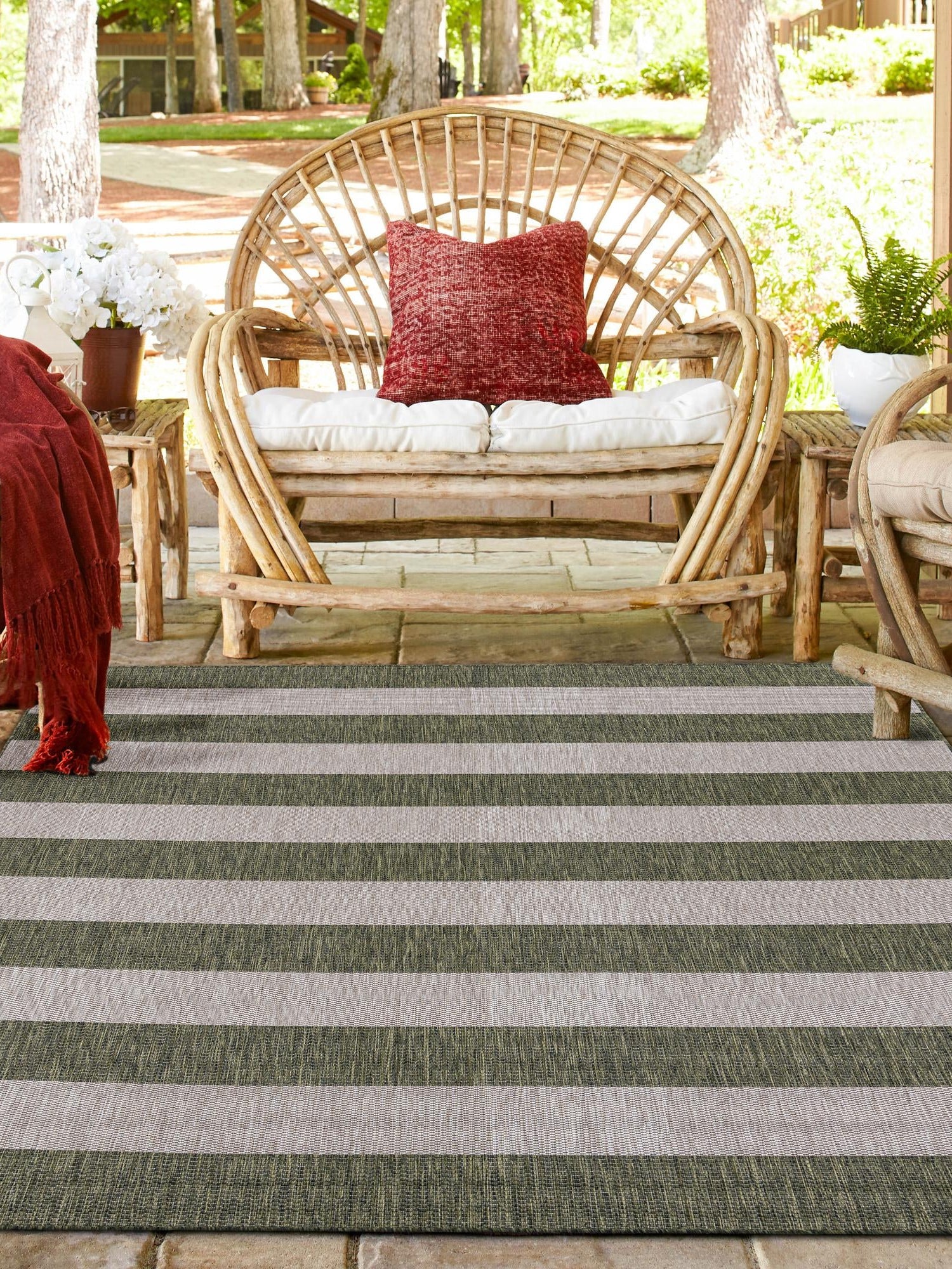 Green 10' x 10' Outdoor Striped Square Area Rug Weather Resistant for Patio, Deck, Terrace, Balcony, Porch Geometric Pattern Waterproof Carpet for Sale at Rug Engine