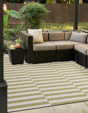 Green 10' x 10' Outdoor Striped Square Area Rug Weather Resistant for Patio, Deck, Terrace, Balcony, Porch Geometric Pattern Waterproof Carpet for Sale at Rug Engine