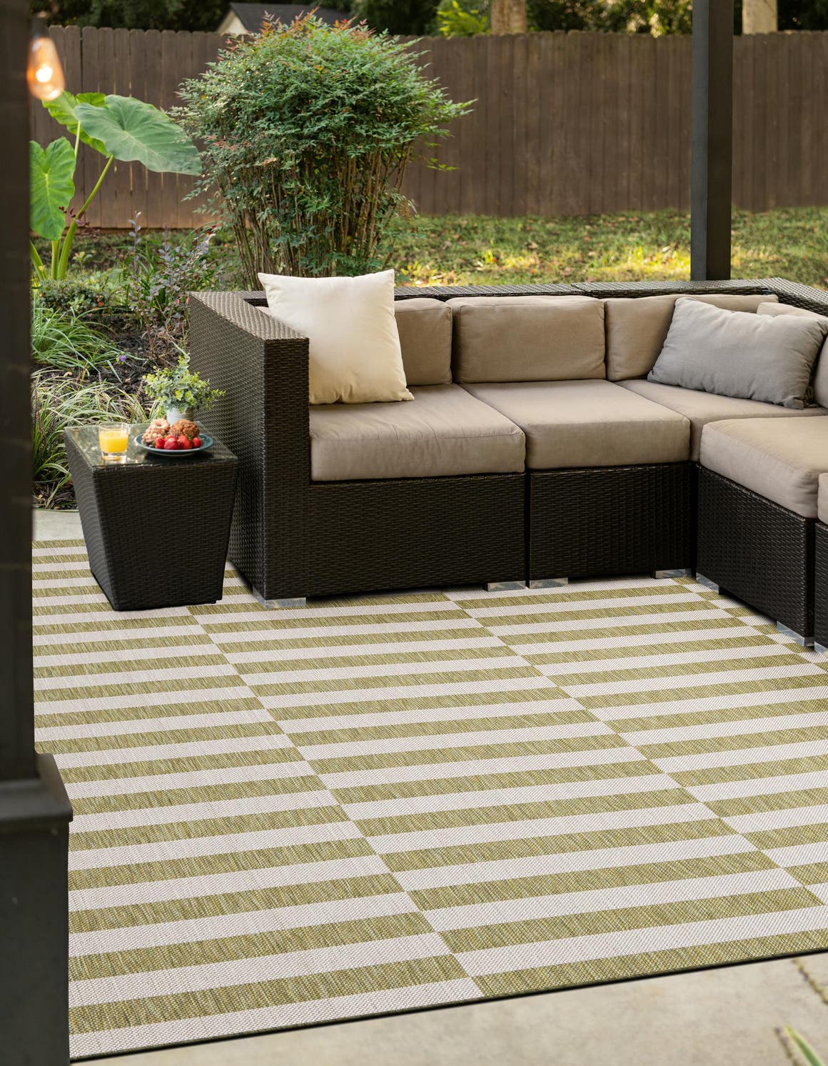 Green 12' x 12' Outdoor Striped Square Area Rug Weather Resistant for Patio, Deck, Terrace, Balcony, Porch Geometric Pattern Waterproof Carpet for Sale at Rug Engine