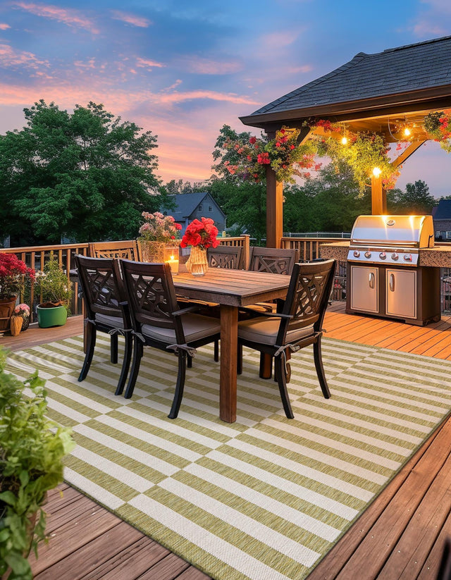 Green 6' 1 x 6' 1 Outdoor Striped Square Area Rug Weather Resistant for Patio, Deck, Terrace, Balcony, Porch Geometric Pattern Waterproof Carpet for Sale at Rug Engine