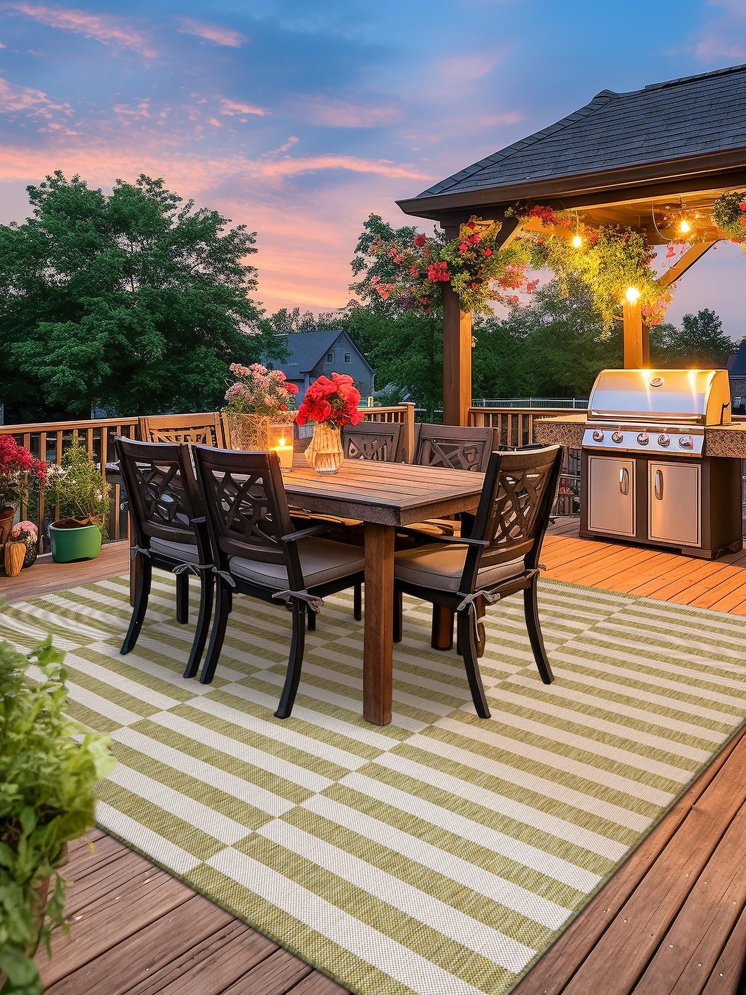 Green 7' 10 x 7' 10 Outdoor Striped Square Area Rug Weather Resistant for Patio, Deck, Terrace, Balcony, Porch Geometric Pattern Waterproof Carpet for Sale at Rug Engine