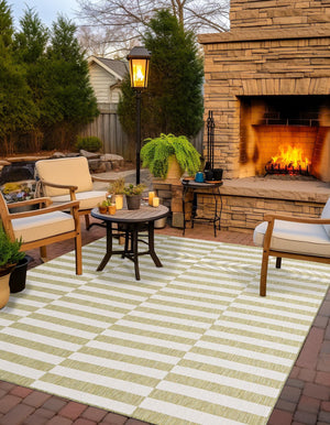 Green 5' 3 x 5' 3 Outdoor Striped Square Area Rug Weather Resistant for Patio, Deck, Terrace, Balcony, Porch Geometric Pattern Waterproof Carpet for Sale at Rug Engine