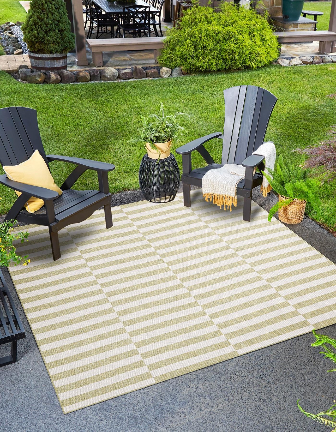 Green 12' x 12' Outdoor Striped Square Area Rug Weather Resistant for Patio, Deck, Terrace, Balcony, Porch Geometric Pattern Waterproof Carpet for Sale at Rug Engine