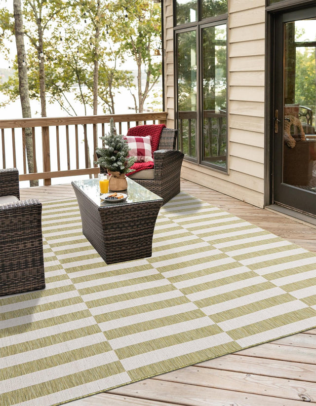 Green 10' x 10' Outdoor Striped Square Area Rug Weather Resistant for Patio, Deck, Terrace, Balcony, Porch Geometric Pattern Waterproof Carpet for Sale at Rug Engine
