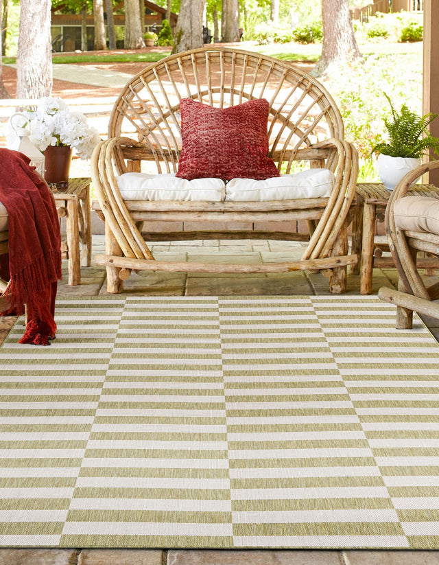 Green 10' x 10' Outdoor Striped Square Area Rug Weather Resistant for Patio, Deck, Terrace, Balcony, Porch Geometric Pattern Waterproof Carpet for Sale at Rug Engine