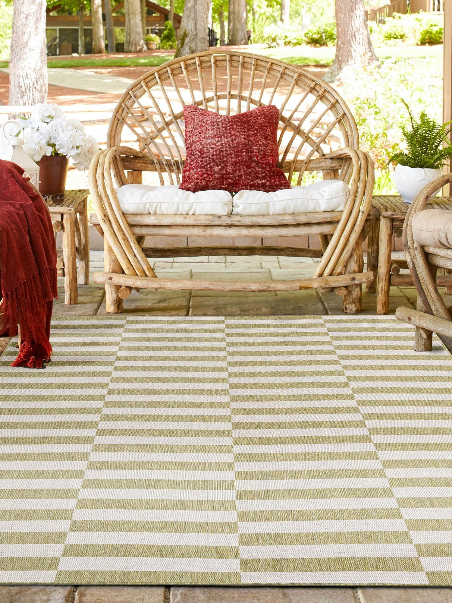 Green 12' x 12' Outdoor Striped Square Area Rug Weather Resistant for Patio, Deck, Terrace, Balcony, Porch Geometric Pattern Waterproof Carpet for Sale at Rug Engine