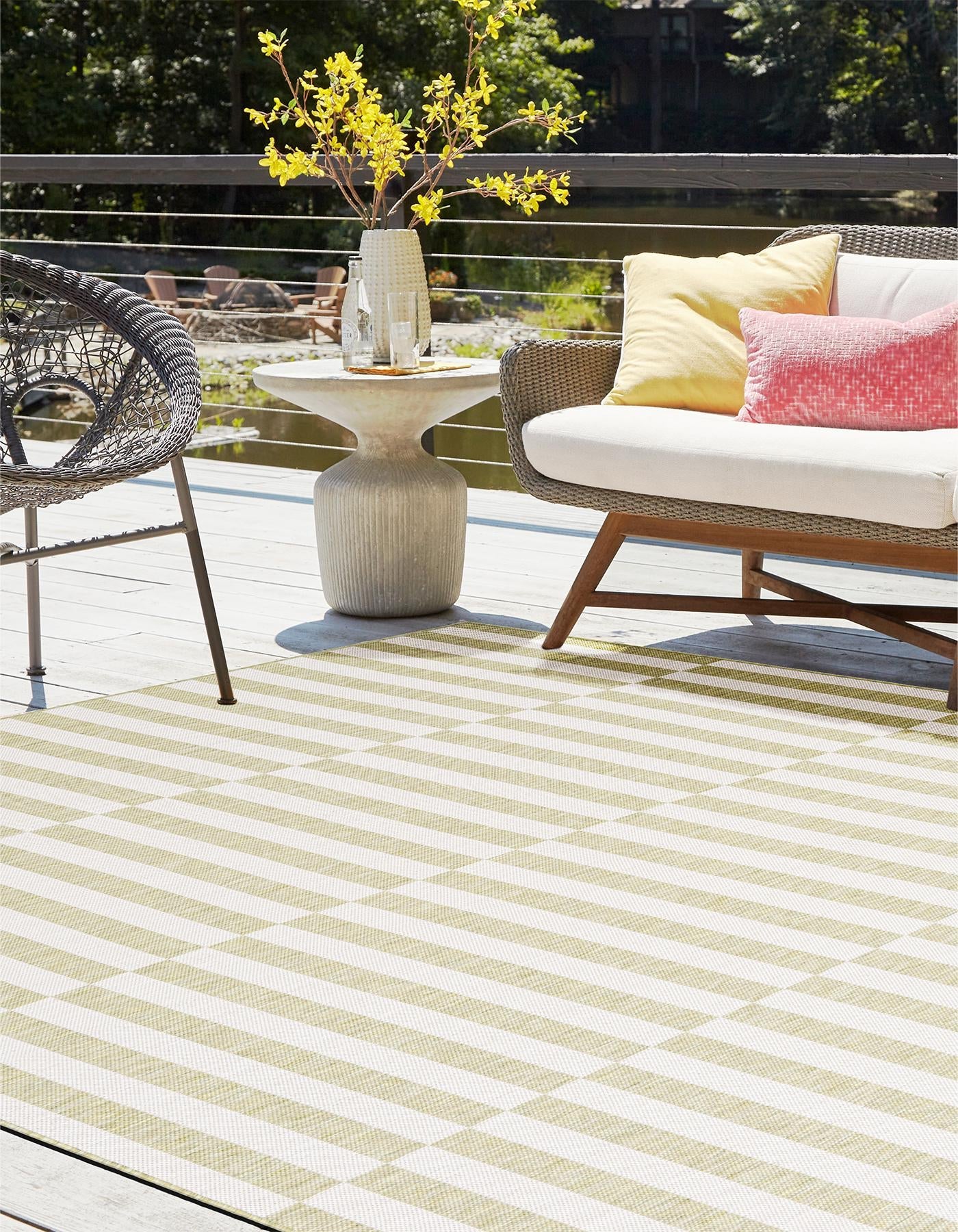 Green 12' x 12' Outdoor Striped Square Area Rug Weather Resistant for Patio, Deck, Terrace, Balcony, Porch Geometric Pattern Waterproof Carpet for Sale at Rug Engine