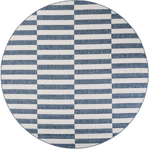 Blue 10' x 10' Outdoor Striped Round Area Rug Weather Resistant for Patio, Deck, Terrace, Balcony, Porch Geometric Pattern Waterproof Carpet for Sale at Rug Engine