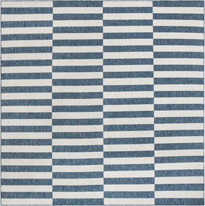 Blue 12' x 12' Outdoor Striped Square Area Rug Weather Resistant for Patio, Deck, Terrace, Balcony, Porch Geometric Pattern Waterproof Carpet for Sale at Rug Engine