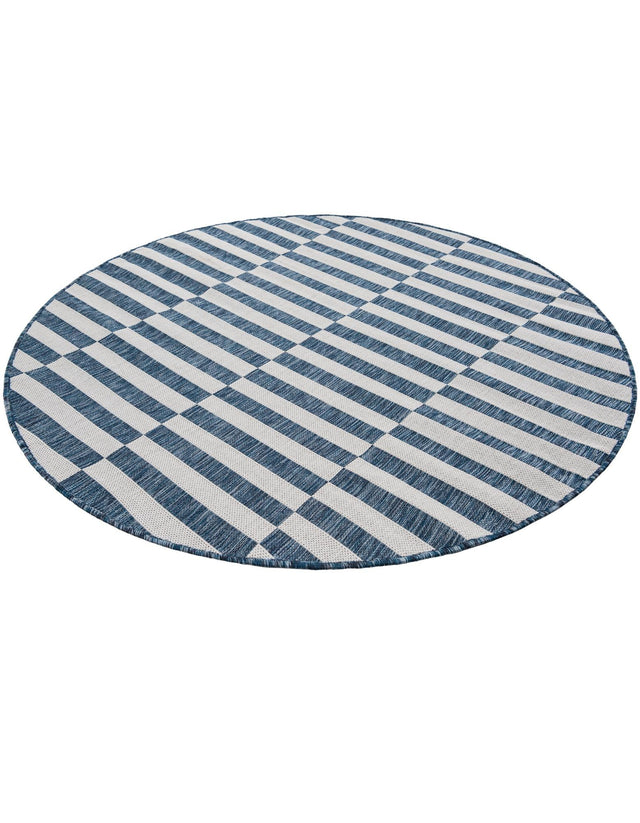 Blue 5' 3 x 5' 3 Outdoor Striped Round Area Rug Weather Resistant for Patio, Deck, Terrace, Balcony, Porch Geometric Pattern Waterproof Carpet for Sale at Rug Engine