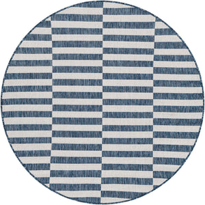 Blue 5' 3 x 5' 3 Outdoor Striped Round Area Rug Weather Resistant for Patio, Deck, Terrace, Balcony, Porch Geometric Pattern Waterproof Carpet for Sale at Rug Engine