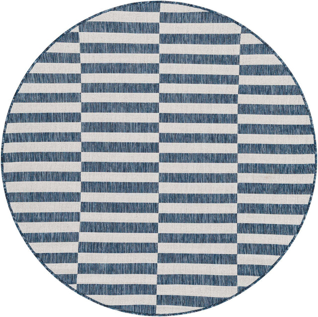 Blue 5' 3 x 5' 3 Outdoor Striped Round Area Rug Weather Resistant for Patio, Deck, Terrace, Balcony, Porch Geometric Pattern Waterproof Carpet for Sale at Rug Engine