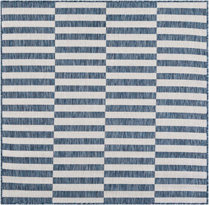Blue 5' 3 x 5' 3 Outdoor Striped Square Area Rug Weather Resistant for Patio, Deck, Terrace, Balcony, Porch Geometric Pattern Waterproof Carpet for Sale at Rug Engine