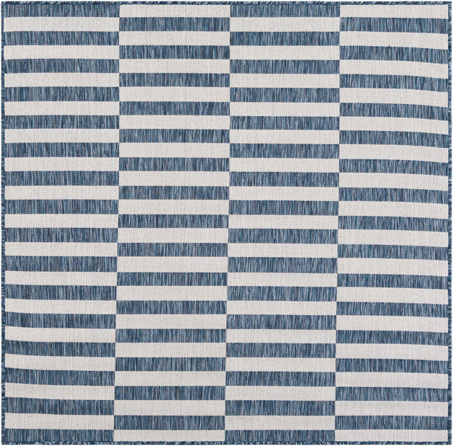 Blue 5' 3 x 5' 3 Outdoor Striped Square Area Rug Weather Resistant for Patio, Deck, Terrace, Balcony, Porch Geometric Pattern Waterproof Carpet for Sale at Rug Engine