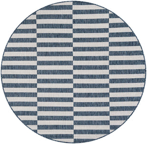 Blue 6' 1 x 6' 1 Outdoor Striped Round Area Rug Weather Resistant for Patio, Deck, Terrace, Balcony, Porch Geometric Pattern Waterproof Carpet for Sale at Rug Engine