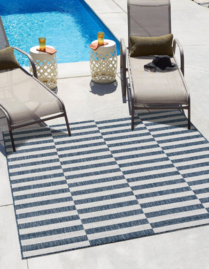 Blue 6' 1 x 6' 1 Outdoor Striped Square Area Rug Weather Resistant for Patio, Deck, Terrace, Balcony, Porch Geometric Pattern Waterproof Carpet for Sale at Rug Engine