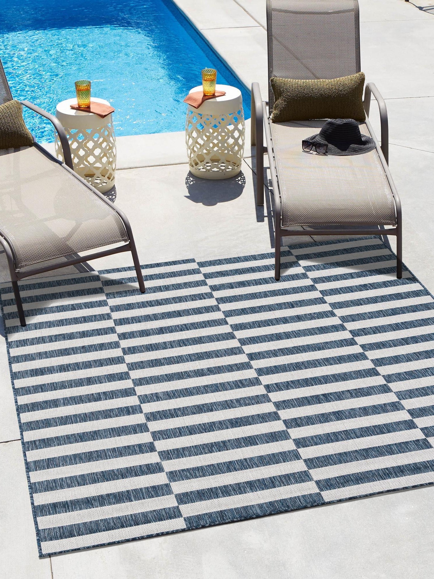 Blue 10' x 10' Outdoor Striped Square Area Rug Weather Resistant for Patio, Deck, Terrace, Balcony, Porch Geometric Pattern Waterproof Carpet for Sale at Rug Engine