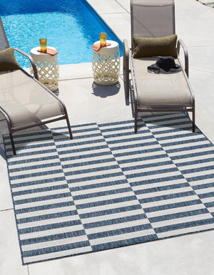 Blue 10' x 10' Outdoor Striped Square Area Rug Weather Resistant for Patio, Deck, Terrace, Balcony, Porch Geometric Pattern Waterproof Carpet for Sale at Rug Engine
