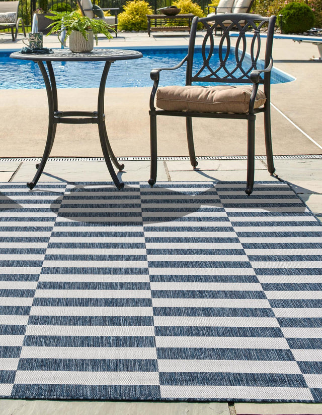 Blue 12' x 12' Outdoor Striped Square Area Rug Weather Resistant for Patio, Deck, Terrace, Balcony, Porch Geometric Pattern Waterproof Carpet for Sale at Rug Engine