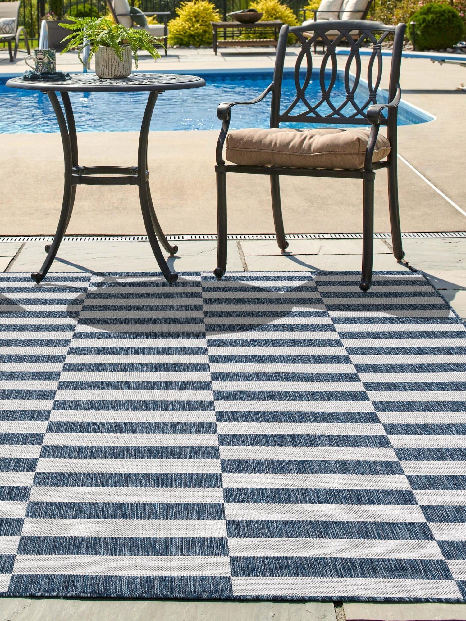 Blue 10' x 10' Outdoor Striped Square Area Rug Weather Resistant for Patio, Deck, Terrace, Balcony, Porch Geometric Pattern Waterproof Carpet for Sale at Rug Engine