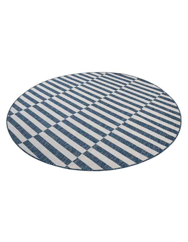 Blue 7' 10 x 7' 10 Outdoor Striped Round Area Rug Weather Resistant for Patio, Deck, Terrace, Balcony, Porch Geometric Pattern Waterproof Carpet for Sale at Rug Engine