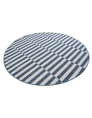 Blue 7' 10 x 7' 10 Outdoor Striped Round Area Rug Weather Resistant for Patio, Deck, Terrace, Balcony, Porch Geometric Pattern Waterproof Carpet for Sale at Rug Engine