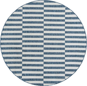 Blue 7' 10 x 7' 10 Outdoor Striped Round Area Rug Weather Resistant for Patio, Deck, Terrace, Balcony, Porch Geometric Pattern Waterproof Carpet for Sale at Rug Engine