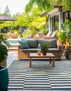 Blue 12' x 12' Outdoor Striped Square Area Rug Weather Resistant for Patio, Deck, Terrace, Balcony, Porch Geometric Pattern Waterproof Carpet for Sale at Rug Engine