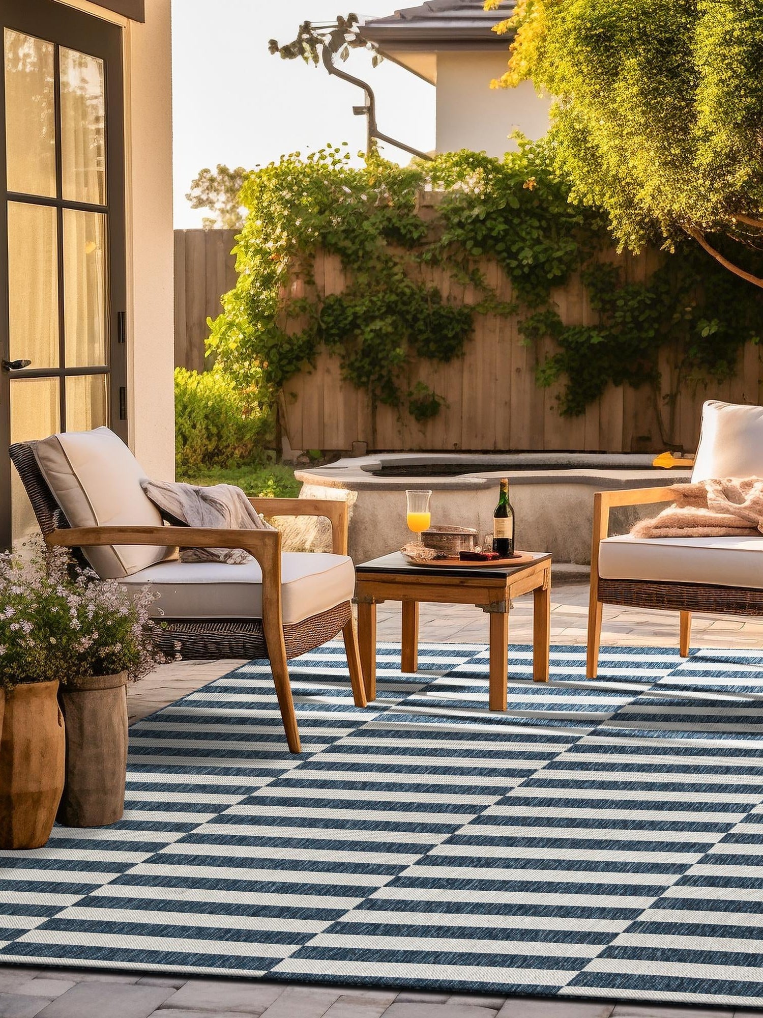 Blue 10' x 10' Outdoor Striped Square Area Rug Weather Resistant for Patio, Deck, Terrace, Balcony, Porch Geometric Pattern Waterproof Carpet for Sale at Rug Engine