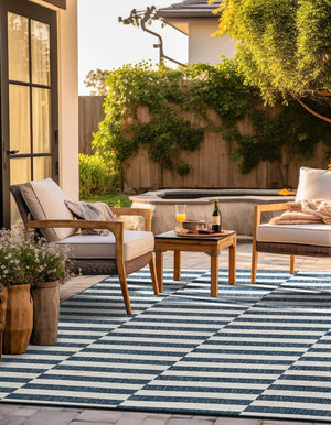 Blue 10' x 10' Outdoor Striped Square Area Rug Weather Resistant for Patio, Deck, Terrace, Balcony, Porch Geometric Pattern Waterproof Carpet for Sale at Rug Engine