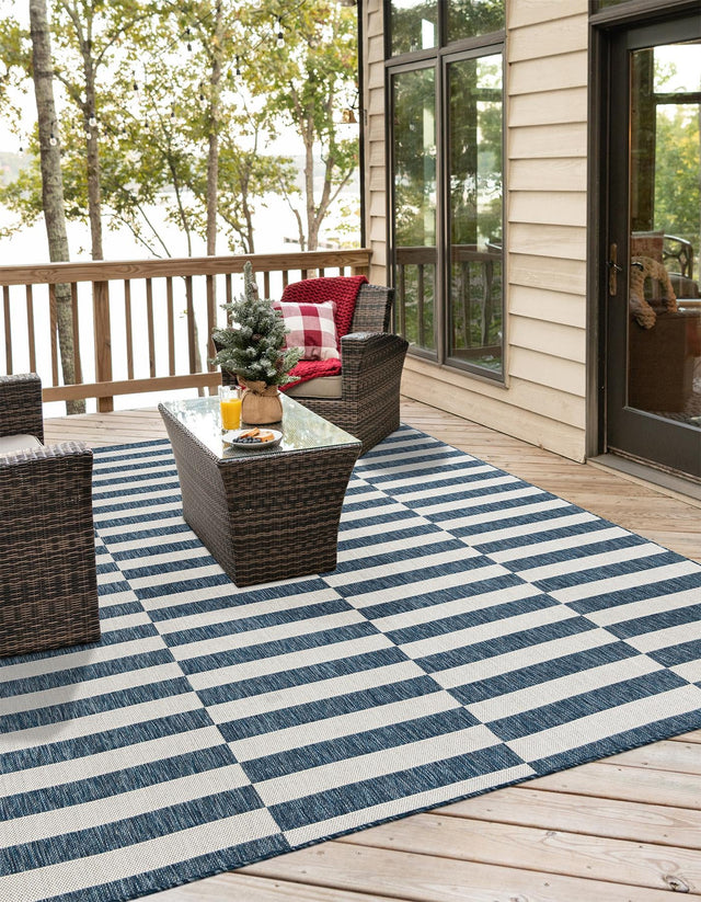 Blue 5' 3 x 5' 3 Outdoor Striped Square Area Rug Weather Resistant for Patio, Deck, Terrace, Balcony, Porch Geometric Pattern Waterproof Carpet for Sale at Rug Engine