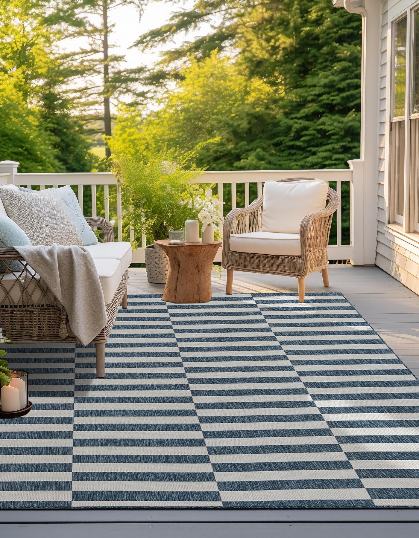 Blue 10' x 10' Outdoor Striped Square Area Rug Weather Resistant for Patio, Deck, Terrace, Balcony, Porch Geometric Pattern Waterproof Carpet for Sale at Rug Engine