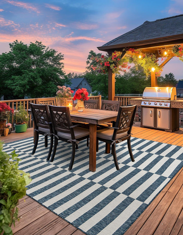 Blue 12' x 12' Outdoor Striped Square Area Rug Weather Resistant for Patio, Deck, Terrace, Balcony, Porch Geometric Pattern Waterproof Carpet for Sale at Rug Engine