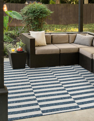 Blue 10' x 10' Outdoor Striped Square Area Rug Weather Resistant for Patio, Deck, Terrace, Balcony, Porch Geometric Pattern Waterproof Carpet for Sale at Rug Engine