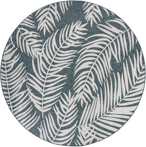 Teal 10' x 10' Outdoor Botanical Round Area Rug Weather Resistant for Patio, Deck, Terrace, Balcony, Porch Polypropylene Garden Floral Tropical Carpet for Sale at Rug Engine