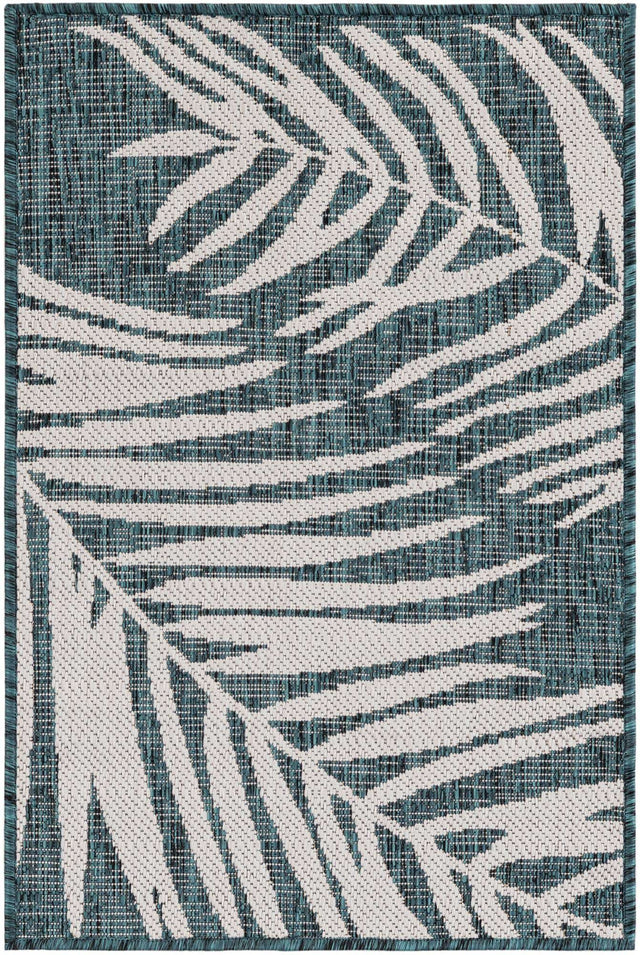 Teal 2' x 3' 1 Outdoor Botanical Rectangle Area Rug Weather Resistant for Patio, Deck, Terrace, Balcony, Porch Polypropylene Garden Floral Tropical Carpet for Sale at Rug Engine
