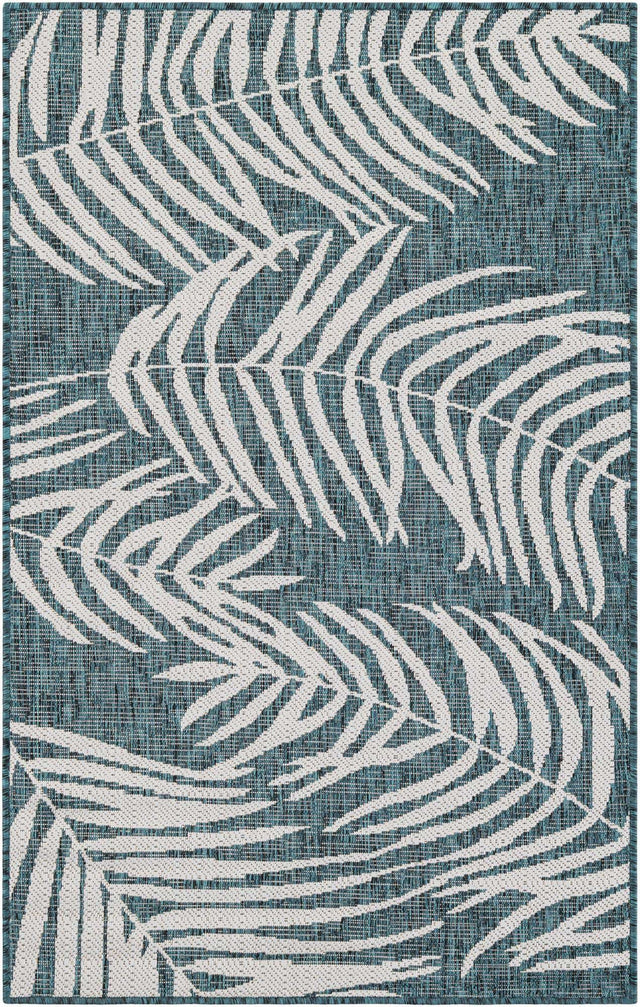 Teal 3' 1 x 5' 3 Outdoor Botanical Rectangle Area Rug Weather Resistant for Patio, Deck, Terrace, Balcony, Porch Polypropylene Garden Floral Tropical Carpet for Sale at Rug Engine