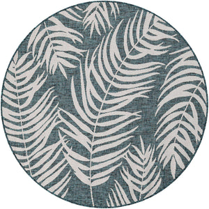 Teal 5' 3 x 5' 3 Outdoor Botanical Round Area Rug Weather Resistant for Patio, Deck, Terrace, Balcony, Porch Polypropylene Garden Floral Tropical Carpet for Sale at Rug Engine