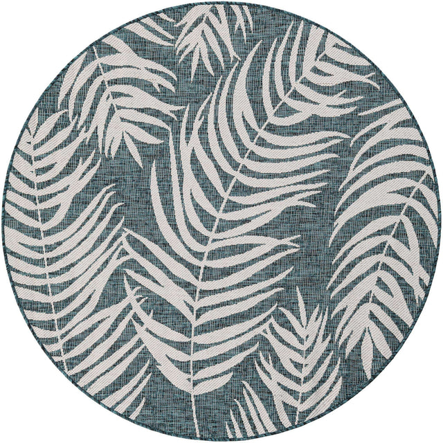 Teal 5' 3 x 5' 3 Outdoor Botanical Round Area Rug Weather Resistant for Patio, Deck, Terrace, Balcony, Porch Polypropylene Garden Floral Tropical Carpet for Sale at Rug Engine