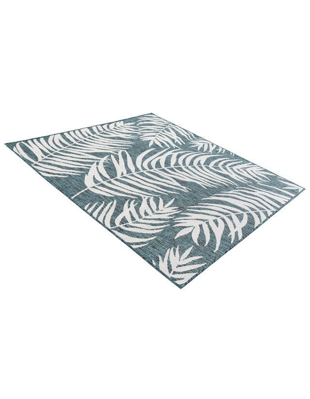 Teal 5' 3 x 5' 3 Outdoor Botanical Square Area Rug Weather Resistant for Patio, Deck, Terrace, Balcony, Porch Polypropylene Garden Floral Tropical Carpet for Sale at Rug Engine