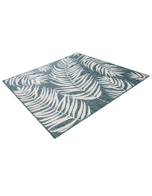Teal 5' 3 x 5' 3 Outdoor Botanical Square Area Rug Weather Resistant for Patio, Deck, Terrace, Balcony, Porch Polypropylene Garden Floral Tropical Carpet for Sale at Rug Engine