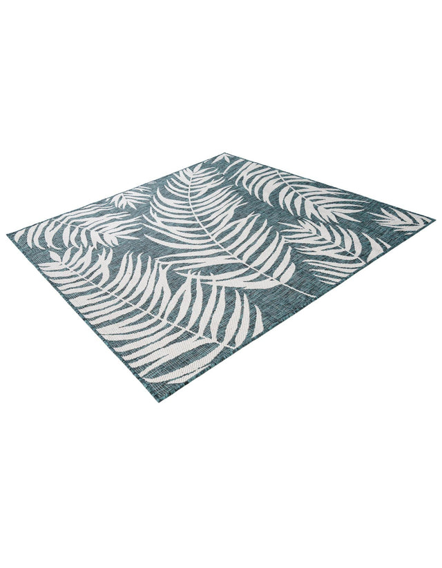 Teal 5' 3 x 5' 3 Outdoor Botanical Square Area Rug Weather Resistant for Patio, Deck, Terrace, Balcony, Porch Polypropylene Garden Floral Tropical Carpet for Sale at Rug Engine