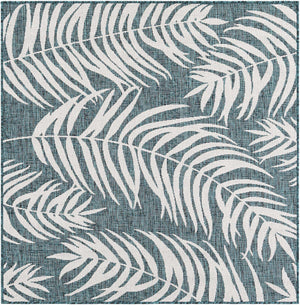 Teal 5' 3 x 5' 3 Outdoor Botanical Square Area Rug Weather Resistant for Patio, Deck, Terrace, Balcony, Porch Polypropylene Garden Floral Tropical Carpet for Sale at Rug Engine