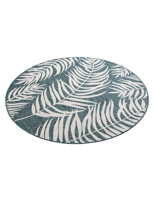 Teal 6' 1 x 6' 1 Outdoor Botanical Round Area Rug Weather Resistant for Patio, Deck, Terrace, Balcony, Porch Polypropylene Garden Floral Tropical Carpet for Sale at Rug Engine