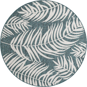 Teal 6' 1 x 6' 1 Outdoor Botanical Round Area Rug Weather Resistant for Patio, Deck, Terrace, Balcony, Porch Polypropylene Garden Floral Tropical Carpet for Sale at Rug Engine