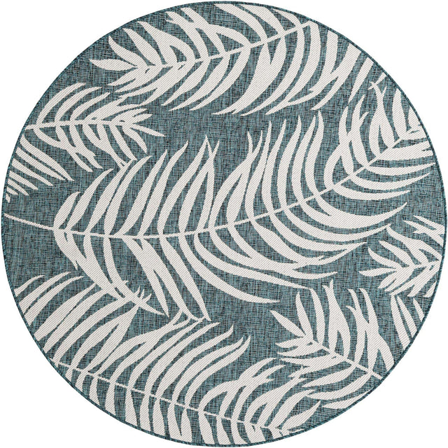 Teal 6' 1 x 6' 1 Outdoor Botanical Round Area Rug Weather Resistant for Patio, Deck, Terrace, Balcony, Porch Polypropylene Garden Floral Tropical Carpet for Sale at Rug Engine