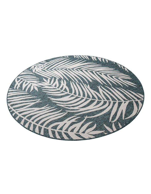 Teal 7' 10 x 7' 10 Outdoor Botanical Round Area Rug Weather Resistant for Patio, Deck, Terrace, Balcony, Porch Polypropylene Garden Floral Tropical Carpet for Sale at Rug Engine