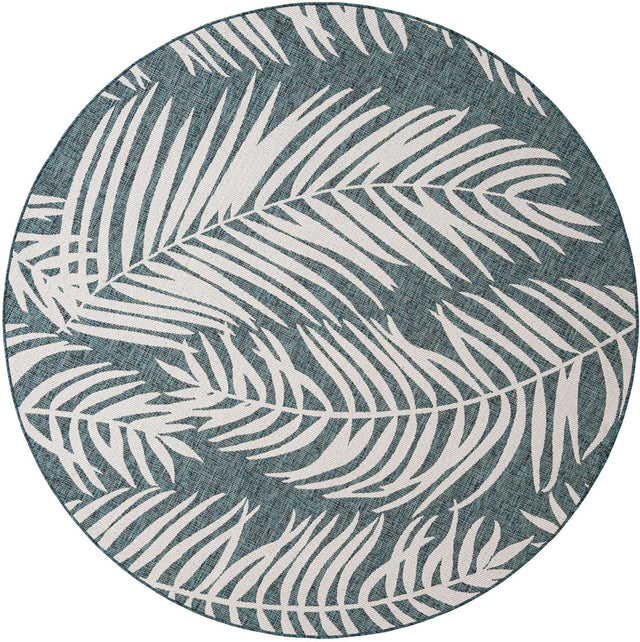 Teal 7' 10 x 7' 10 Outdoor Botanical Round Area Rug Weather Resistant for Patio, Deck, Terrace, Balcony, Porch Polypropylene Garden Floral Tropical Carpet for Sale at Rug Engine